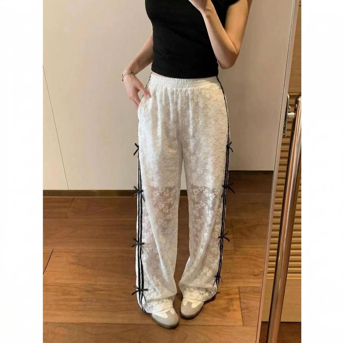 レディース パンツ スリム 春夏 カジュアル 春 白 夏 レース ストレートパンツ ロング ストレート 薄手 ハイウエスト 蝶 ポリエステル