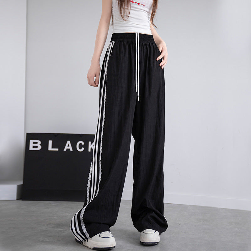 レディース パンツ ボトムス ストレートパンツ ロングパンツ ワイドパンツ ロング ストレート Iライン レース ウエストリボン ポケット ハイウエスト 切り替えデザイン 薄手 シンプル カジュアル おしゃれ こなれ感 メンズライク スポーティー 個性的 主役級 存在感 都会的 ナチュラル 春 夏 秋 ロングシーズン 部活 デート お出かけ 旅行 韓国 オルチャン 楽ちん 美脚 脚長 普段使い インスタ映え 定番 S M L XL ゆったり ゆる 白 ホワイト 黒 ブラック