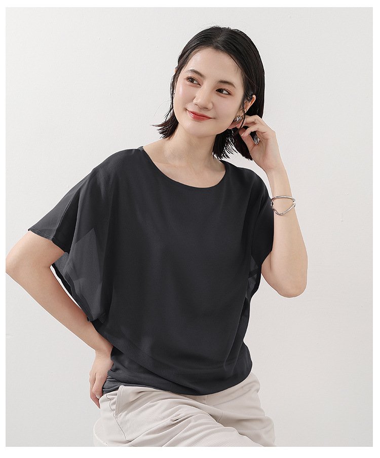 トップス Tシャツ 半袖 無地 ゆったり スリム 春夏 きれいめ 通勤 体型カバー 春 夏 ラウンドネック 上品 シフォン シャツ 薄手 丸襟 レギュラー ポリエステル