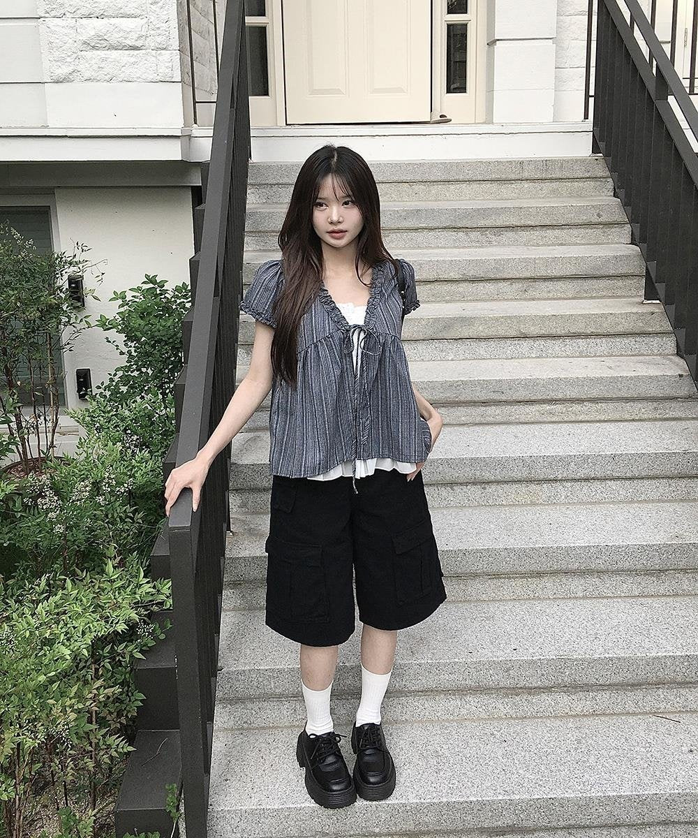 レディース シャツ トップス 半袖 ボーダー ストライプ 無地 ゆったり 春夏 きれいめ 体型カバー 韓国風 前開き Vネック 春 夏 シンプル 上品 リボン 切り替えデザイン プルオーバー レギュラー ポリエステル