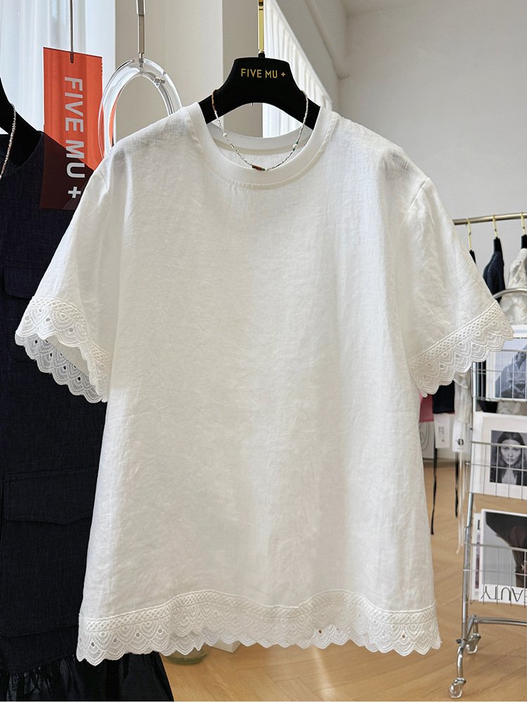 レディース トップス Tシャツ 半袖 プリント ゆったり リネン 春夏 カジュアル きれいめ 春 夏 膝丈 ラウンドネック レース 上品 シャツ 薄手