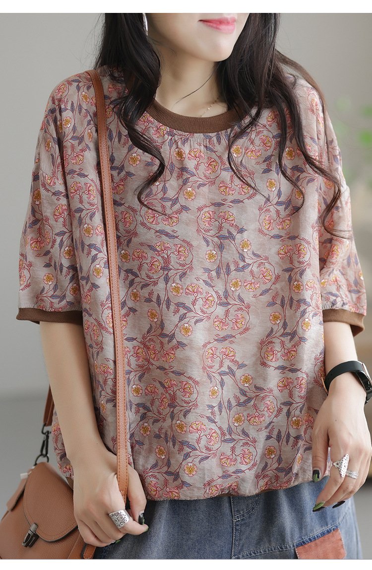 Tシャツ 半袖 プリント 麻 夏 レトロ 春夏 ラウンドネック シャツ レギュラー