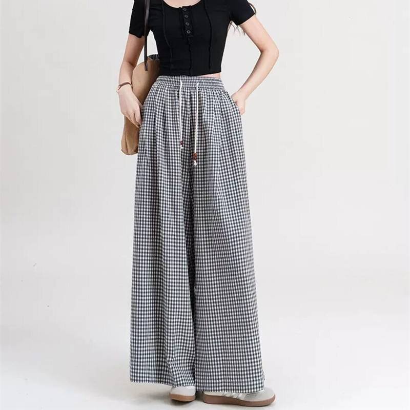 レディース パンツ チェック柄 ゆったり ワイド デニム 春夏 カジュアル きれいめ レトロ 通勤 春 夏 秋 スリム ロング ワイドパンツ ドレープ ハイウエスト 都会的