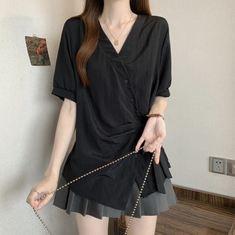 レディース シャツ トップス Tシャツ 半袖 無地 スリム 春夏 きれいめ 通勤 大きいサイズ 前開き Vネック 春 夏 シンプル リボン 個性的 レギュラー ボタン ポリエステル