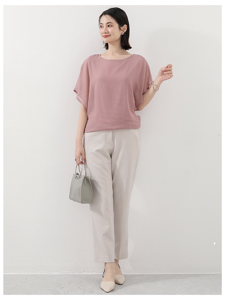トップス Tシャツ 半袖 無地 ゆったり スリム 春夏 きれいめ 通勤 体型カバー 春 夏 ラウンドネック 上品 シフォン シャツ 薄手 丸襟 レギュラー ポリエステル