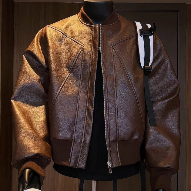 アウター ジャケット フェイクレザージャケット 長袖 ハイネック 前開き ファスナー ポケット ショート丈 シンプル レトロ おしゃれ かっこいい カッコイイ 格好いい カジュアル こなれ感 個性的 主役級 存在感 レトロ ラフ ルーズ 抜け感 冬 ベーシック ナチュラル クール スポーティー 無地 男性用 メンズ サラリーマン パパ 学生 通学 デート お出かけ 旅行 休日 アウトドア カフェ ショッピング 普段使い デイリー 着回し  M L XL 2XL 3XL トレンド モテ 高見え 高級感