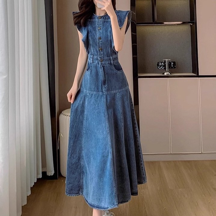 ワンピース ドレス デニム 春 秋 体型カバー 春夏 ラウンドネック 膝下 冬 ロング 上品 フレンチスリーブ ハイウエスト