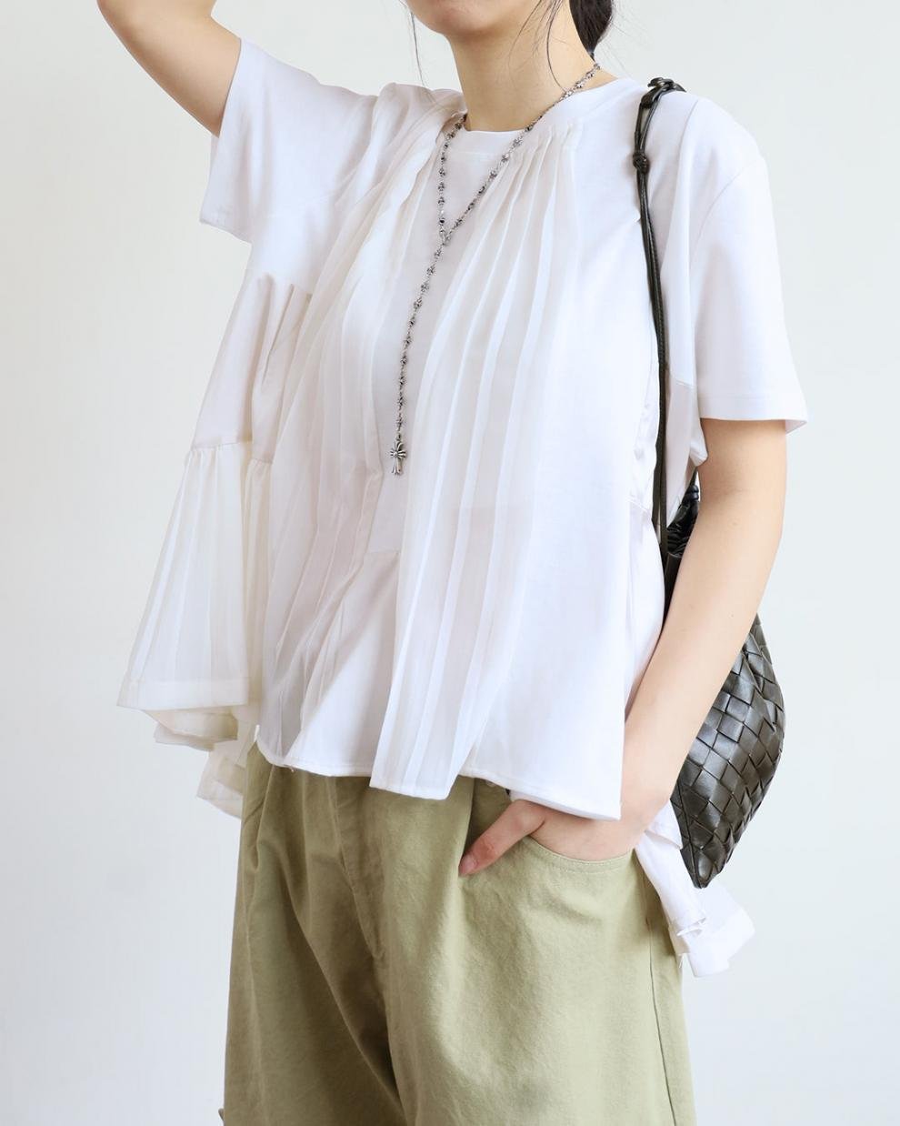 レディース トップス Tシャツ 半袖 無地 春夏 レトロ プリーツ 春 夏 シンプル シフォン シャツ