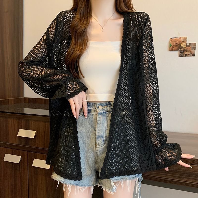 シャツ カーディガン 長袖 ゆったり 春夏 カジュアル 前開き 春 夏 レース ミモレ ベルスリーブ ポリエステル