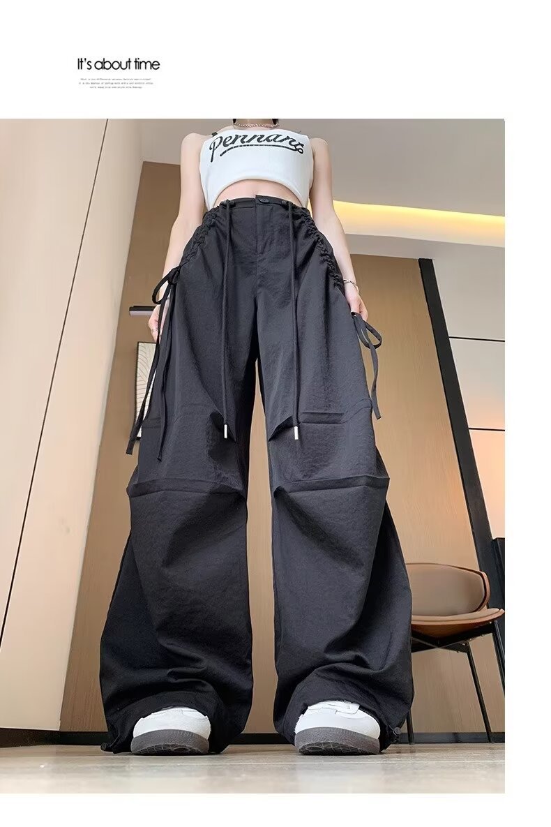 レディース パンツ ワイド カジュアル レトロ ストレート ワークパンツ 切り替えデザイン ストリート ポリエステル