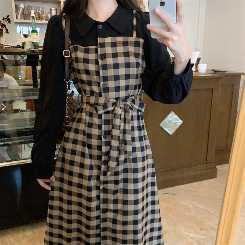 ワンピース 長袖 チェック柄 春 秋 レトロ 春夏 ぽっちゃり 襟付き