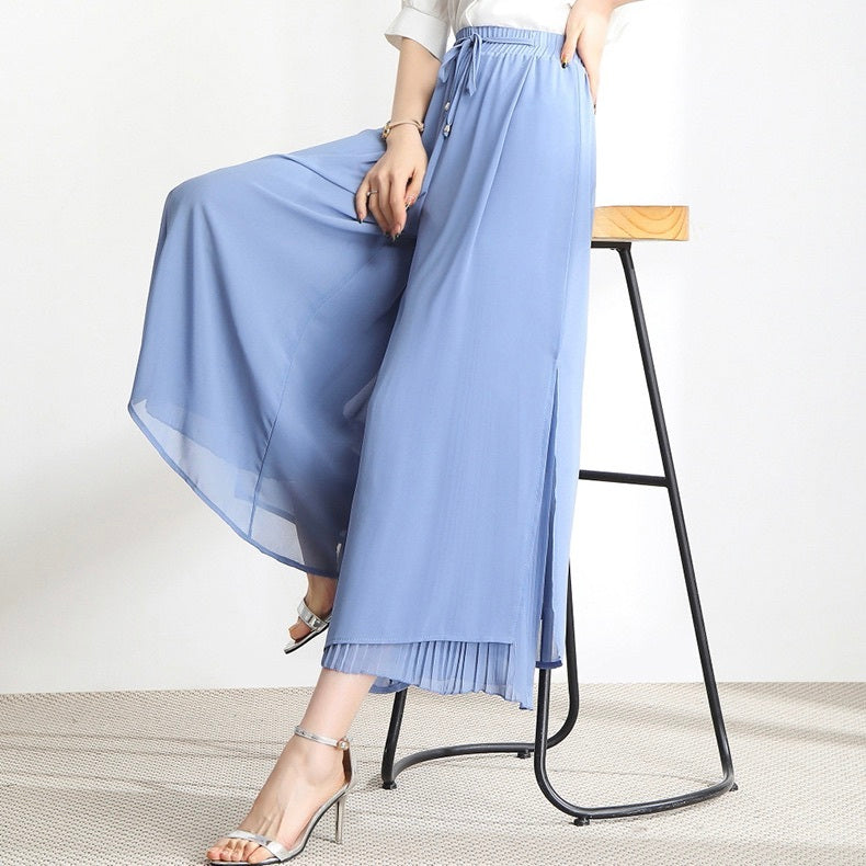 レディース パンツ ボトムス ロングパンツ ワイドパンツ 9分丈 アンクル丈 ワイド フレア フェミニン プリーツ シフォン スリット サイドスリット ハイウエスト ドロスト かわいい 大人可愛い きれいめ シンプル 上品 おしゃれ ラフ ガーリー 抜け感 ラブリー キュート 無地 春 夏 デート お出かけ 休日 楽ちん 体型カバー 美脚 脚長 インスタ映え S M L XL 2XL 3XL 4XL 5XL 小さいサイズ 大きいサイズ ビッグ ゆったり ゆる 白 ホワイト 黒 ブラック 水色 ライトブルー