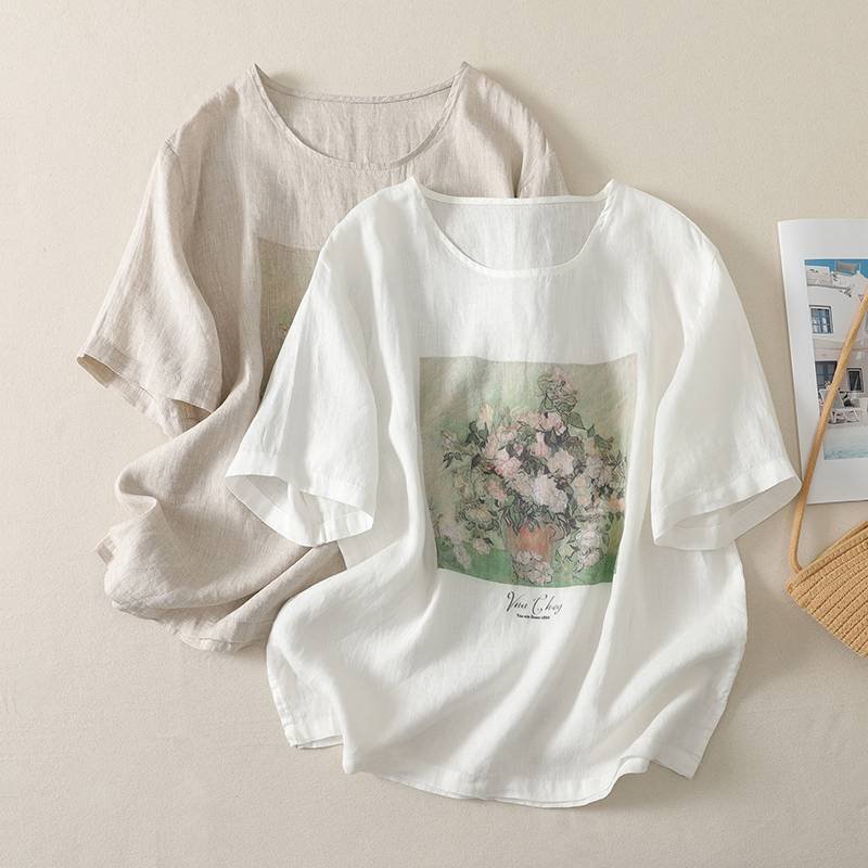 レディース トップス Tシャツ ニット 半袖 プリント コットン 綿 リネン 春夏 きれいめ 通勤 デニム 春 夏 シャツ プルオーバー 丸首