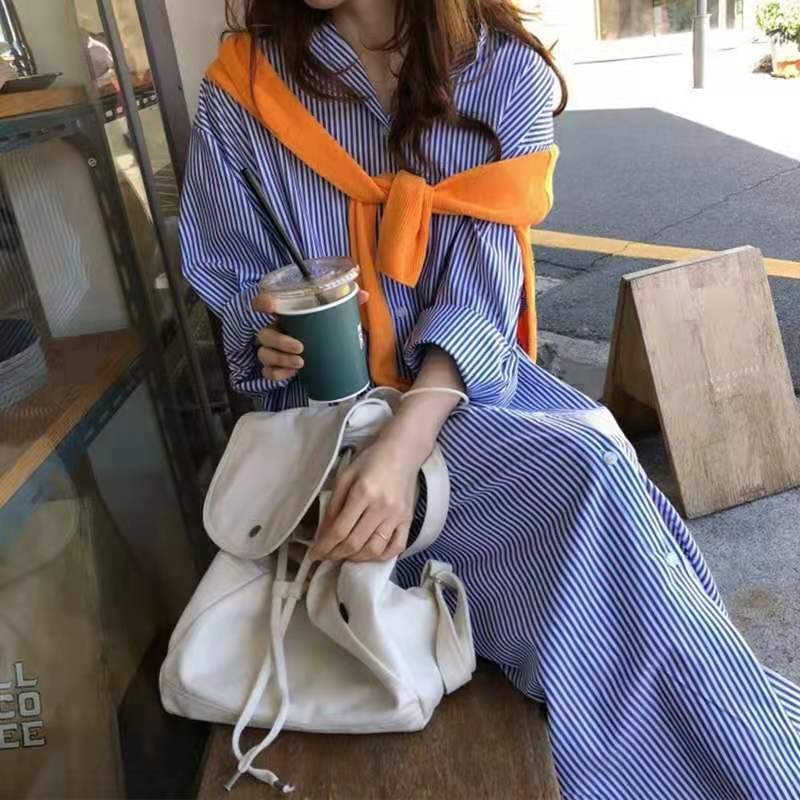 ワンピース 長袖 ボーダー ストライプ 春 秋 体型カバー 春夏 韓国ファッション 襟付き