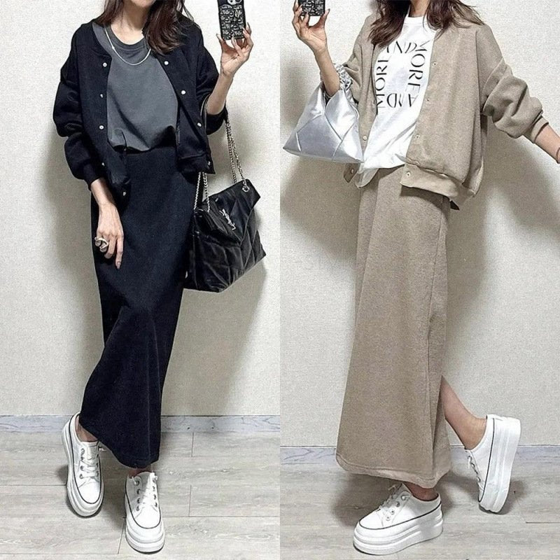 スカート ジャケット パーカー 長袖 無地 春夏 カジュアル 春 夏 シンプル ロング 切り替えデザイン スリット セットアップ ポリエステル