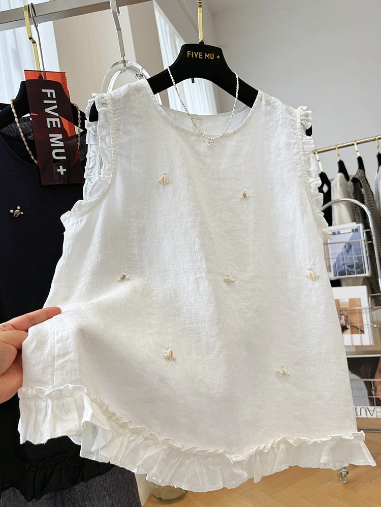 レディース シャツ トップス ベスト ノースリーブ 無地 春夏 きれいめ 通勤 韓国風 前開き 袖なし 春 夏 シンプル フリル プルオーバー フリル袖 都会的 レギュラー