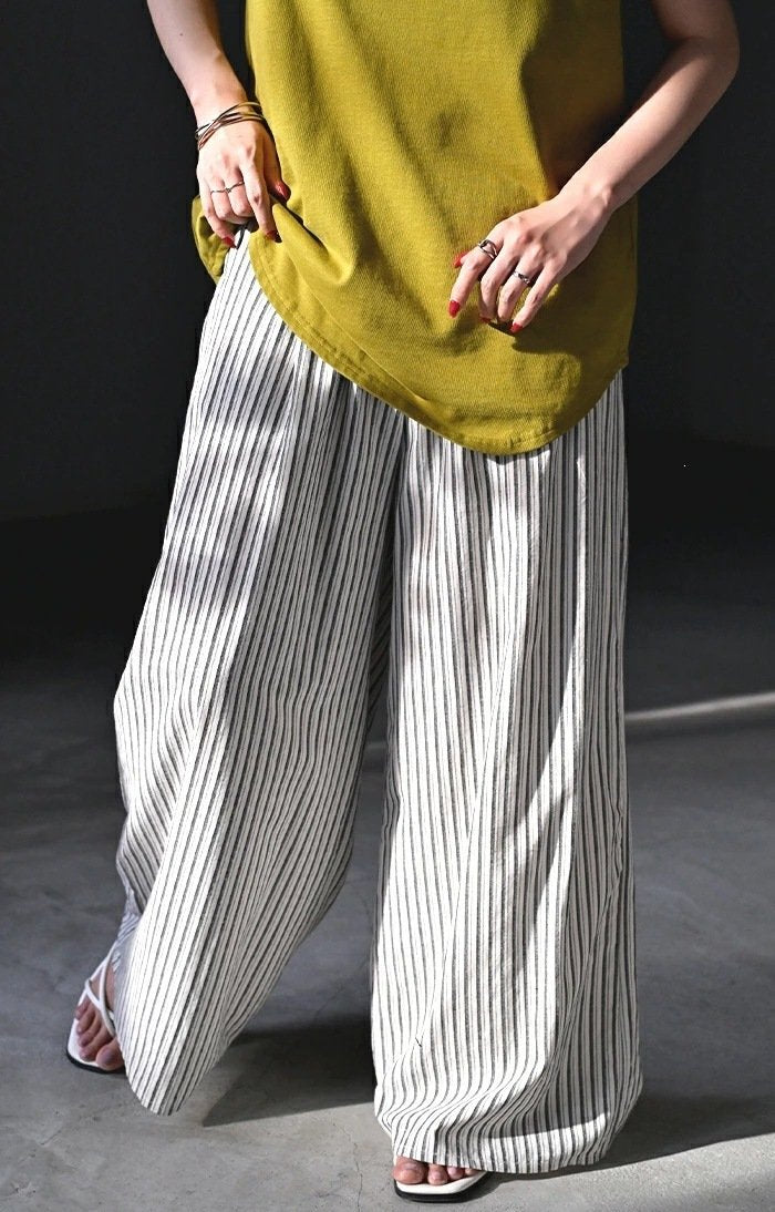 レディース パンツ ボーダー ストライプ 無地 ゆったり コットン 綿 春夏 カジュアル 春 夏 シンプル ロング ストレート ロングパンツ 切り替えデザイン ハイウエスト