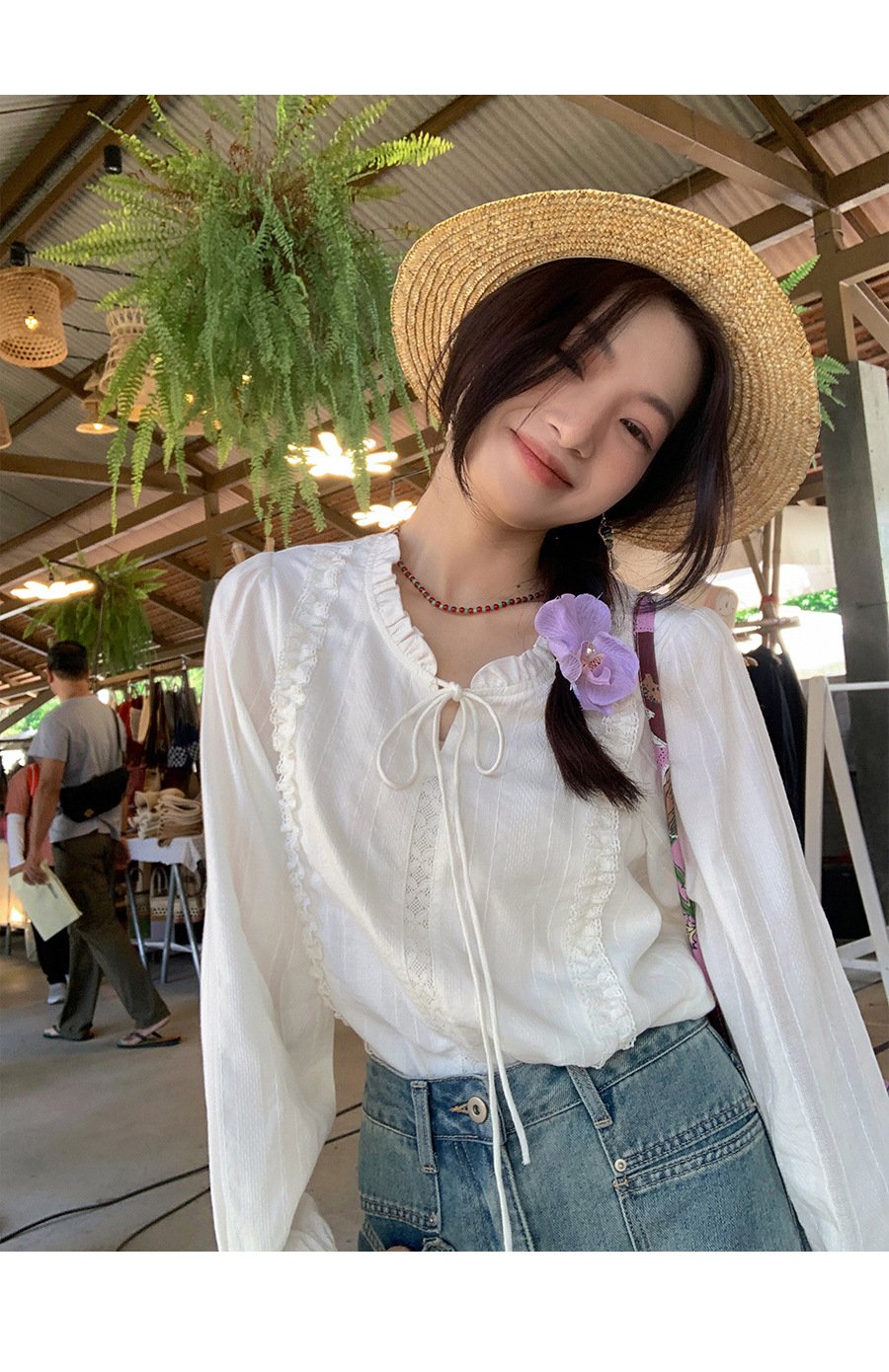 レディース ブラウス シャツ 長袖 無地 コットン 綿 春夏 きれいめ 通勤 オフィス 前開き 春 白 夏 秋 レース シンプル 上品 プルオーバー レースアップ レギュラー 白シャツ