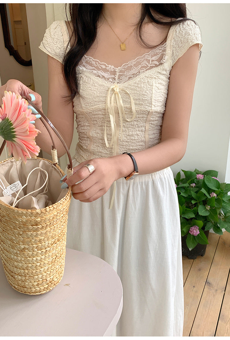 レディース トップス シャツ ショート 半袖 スクエアネック タイト スリム 細身 レース 刺繍 リボン 薄手 かわいい 大人可愛い シンプル おしゃれ かっこいい こなれ感 個性的 主役級 存在感 抜け感 ラブリー キュート 都会的 ベーシック 春 夏 ロングシーズン ママ デート お出かけ アウトドア キャンプ 旅行 女子会 重ね着 韓国 オルチャン 楽ちん 体型カバー 普段使い 着回し モテ トレンド 流行 インスタ映え S M L クリーム 茶色 ブラウン 春カラー