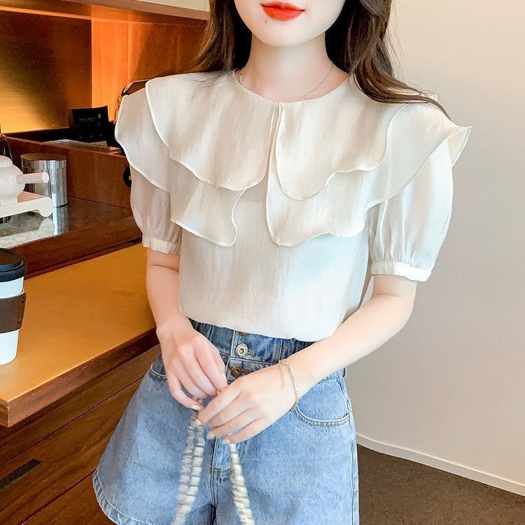 レディース トップス シャツ ブラウス 半袖 ボリューム袖 パフスリーブ フリルカラー ダブルカラー フェミニン シフォン かわいい 大人可愛い きれいめ シンプル 上品 おしゃれ ガーリー エレガント ラブリー キュート クラシカル ロマンティック 無地 春 夏 OL 通勤 デート お出かけ パーティー イベント レストラン 休日 ショッピング 普段使い 着回し 清楚 トレンド 流行 インスタ映え S M L XL 2XL 3XL 小さいサイズ 白 ホワイト オフホワイト ピンク 水色 ライトブルー