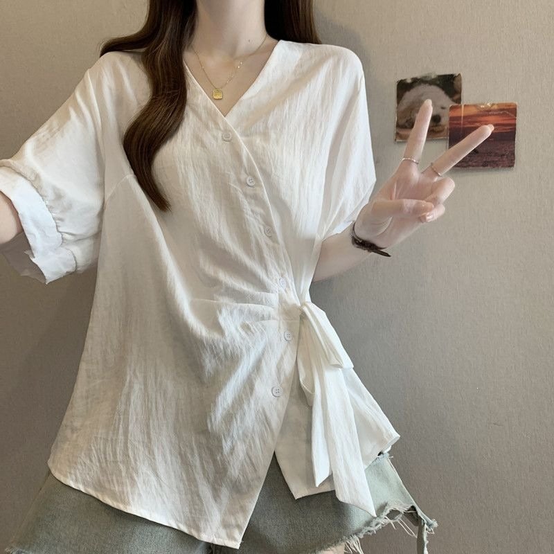 レディース シャツ トップス Tシャツ 半袖 無地 スリム 春夏 きれいめ 通勤 大きいサイズ 前開き Vネック 春 夏 シンプル リボン 個性的 レギュラー ボタン ポリエステル