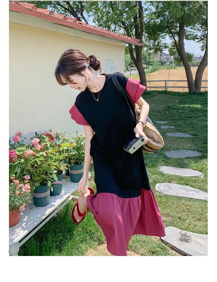 ワンピース ドレス 半袖 無地 春夏 きれいめ 通勤 春 夏 ラウンドネック シンプル ロング タイト 大きい フレア フレンチスリーブ 切り替えデザイン 細身 Aライン