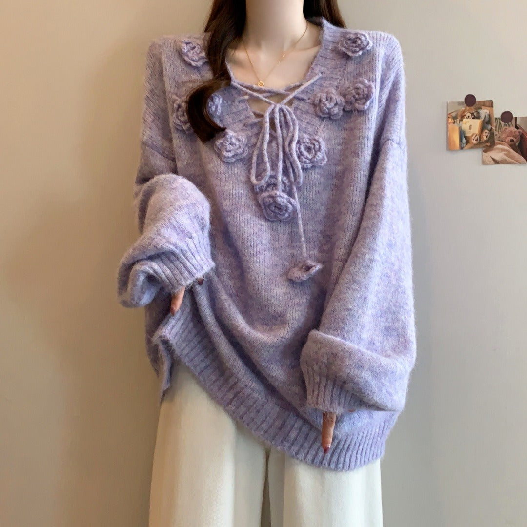 レディース トップス セーター ニット フラワー フラワーモチーフ フラワーモチーフ付き 編み上げ リボン プルオーバー ざっくり編み ゆったりシルエット 長袖 ドロップショルダー 萌袖 ワイド フェミニン かわいい 大人可愛い シンプル カジュアル おしゃれ こなれ感 ラフ ガーリー 主役級 存在感 抜け感 キュート ロマンティック ナチュラル 無地 秋 冬 デート お出かけ イベント 女子会 休日 ショッピング カフェ お家時間 重ね着 普段使い 着回し レイヤード ゆったり フリーサイズ ワンサイズ