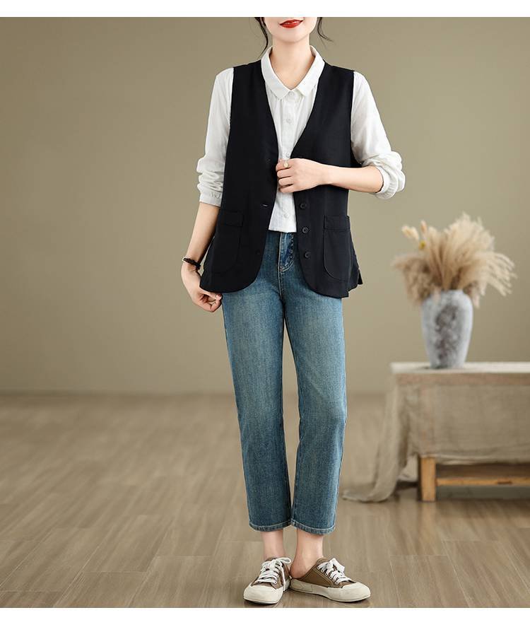 レディース トップス ベスト コットン 綿 リネン 春夏 カジュアル レトロ 春 ショート 夏 ラウンドネック ママ 薄手 レギュラー ポリエステル
