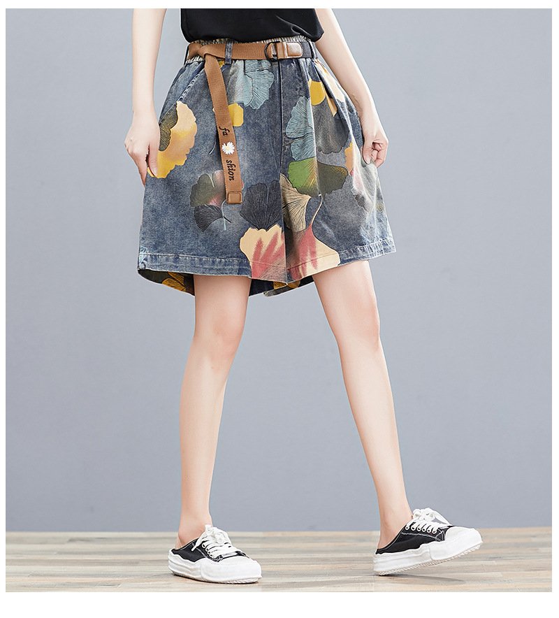レディース パンツ プリント ワイド デニム 夏 レトロ 大きいサイズ 上品 薄手 ポリエステル