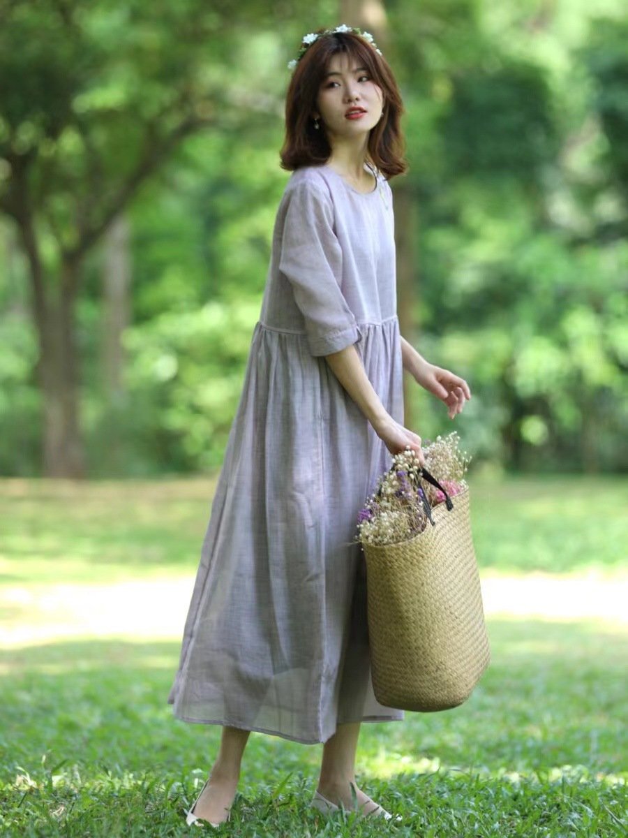 ワンピース ドレス 無地 春夏 カジュアル 春 夏 ラウンドネック 刺繍 シンプル ロング ミディアム丈 フレア Aライン