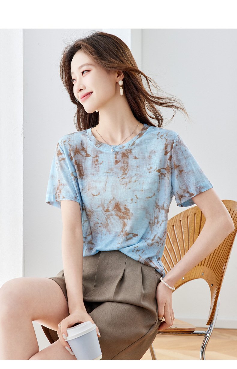 レディース トップス Tシャツ 半袖 プリント ゆったり スリム 春夏 きれいめ 春 夏 膝丈 ラウンドネック 上品 シャツ 切り替えデザイン タイ 丸首