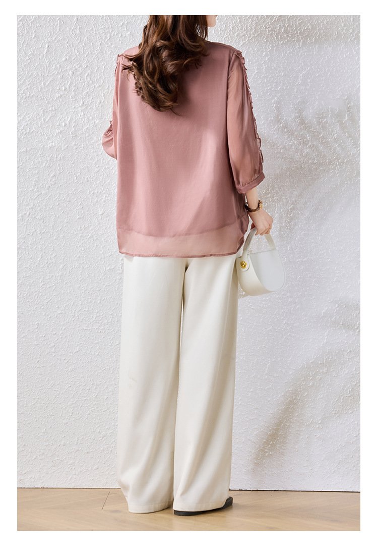 シャツ トップス プリント ゆったり スリム 春夏 カジュアル きれいめ 前開き 春 夏 ラウンドネック 上品 シフォン 切り替えデザイン 丸襟 レギュラー ポリエステル