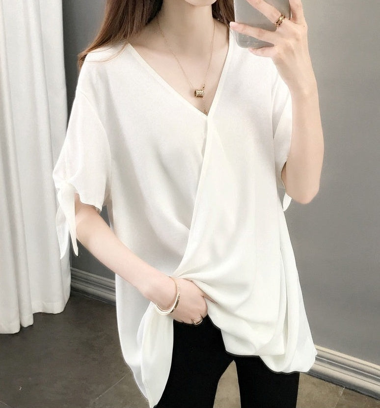 トップス シャツ シフォンシャツ 5分袖 Vネック プルオーバー 袖リボン 肌見せ かわいい 可愛い 大人可愛い きれいめ シンプル レトロ おしゃれ かっこいい カジュアル こなれ感 個性的 魅力的 主役級 存在感 抜け感 春 夏 ベーシック ナチュラル エレガント キュート ガーリー 無地 女性用 レディース ママ マタニティ OL 通勤 オフィス 学生 通学 デート お出かけ ランチ 旅行 休日 カフェ ショッピング 普段使い 着回し 重ね着 L XL 2XL 3XL 4XL 5XL 6XL
