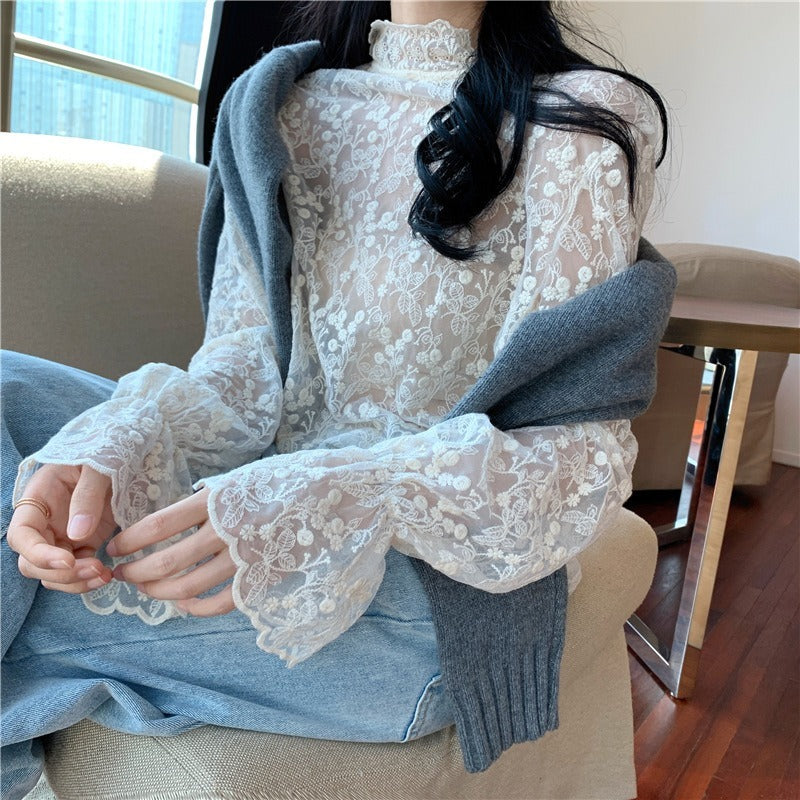レディース トップス ブラウス カットソー プルオーバー スカラップ シアー 長袖 萌袖 ベルスリーブ ハイネック レース 刺繍 透け感 シースルー 大人可愛い きれいめ シンプル カジュアル 上品 おしゃれ ガーリー 主役級 存在感 抜け感 ロマンティック ナチュラル 花柄 フラワー 総柄 春 秋 デート お出かけ イベント 女子会 休日 ショッピング カフェ 重ね着 体型カバー 普段使い 着回し レイヤード モテ 清楚 スタイルアップ S M L XL 2XL ホワイト アプリコット