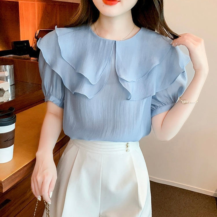 レディース トップス シャツ ブラウス 半袖 ボリューム袖 パフスリーブ フリルカラー ダブルカラー フェミニン シフォン かわいい 大人可愛い きれいめ シンプル 上品 おしゃれ ガーリー エレガント ラブリー キュート クラシカル ロマンティック 無地 春 夏 OL 通勤 デート お出かけ パーティー イベント レストラン 休日 ショッピング 普段使い 着回し 清楚 トレンド 流行 インスタ映え S M L XL 2XL 3XL 小さいサイズ 白 ホワイト オフホワイト ピンク 水色 ライトブルー