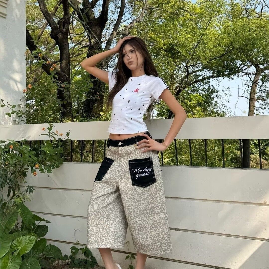 レディース パンツ ゆったり ワイド コットン 綿 デニム 春夏 カジュアル アメリカン 春 夏 ワイドパンツ レオパード ポケット ハイウエスト ストリート ヴィンテージ ストレッチ