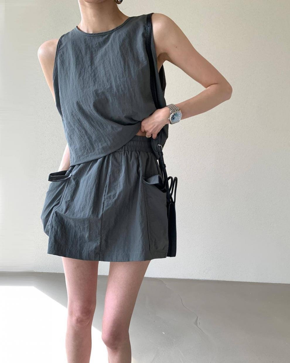 パンツ スカート ノースリーブ ワイド 春夏 カジュアル 春 ショート 夏 ショートパンツ ラウンドネック タンクトップ セットアップ