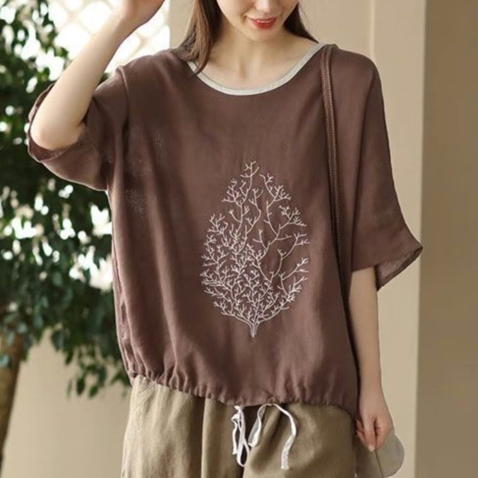 レディース トップス カットソー プルオーバー パイピング Tシャツ 半袖 ラウンドネック ストリート ハイウエスト ドロスト リネン 綿 コットン 麻 かわいい 大人可愛い きれいめ シンプル カジュアル おしゃれ レトロ プレッピー アクティブ ナチュラル リーフ ボタニカル 夏 お出かけ イベント リゾート 旅行 公園 女子会 休日 楽ちん 普段使い 着回し M L XL 2XL 3XL 4XL 小さいサイズ 大きいサイズ ビッグ ゆったり ゆる 茶色 ブラウン オフホワイト ベージュ オレンジ