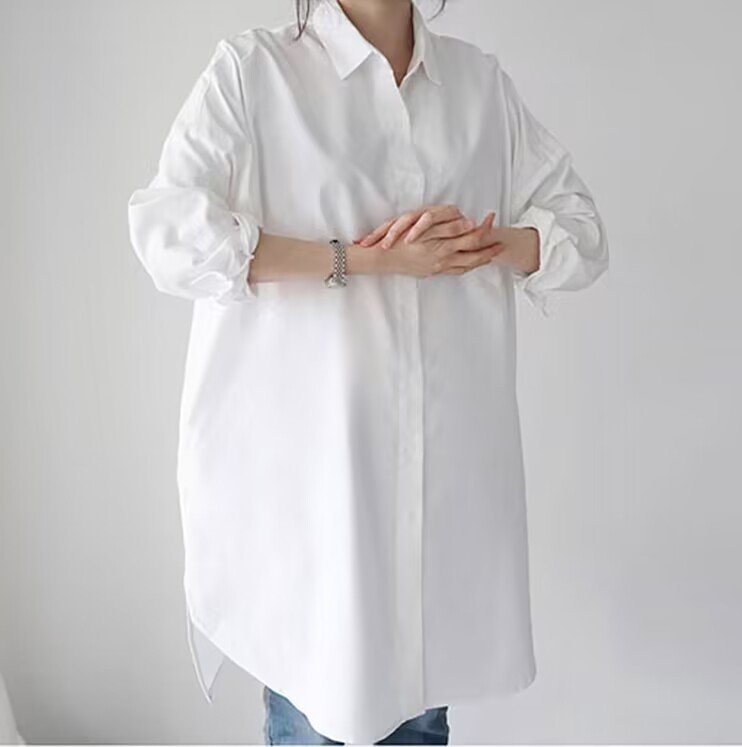 レディース シャツ 長袖 無地 ゆったり 春 きれいめ 通勤 体型カバー 春夏 前開き シンプル 上品 ロング 襟付き