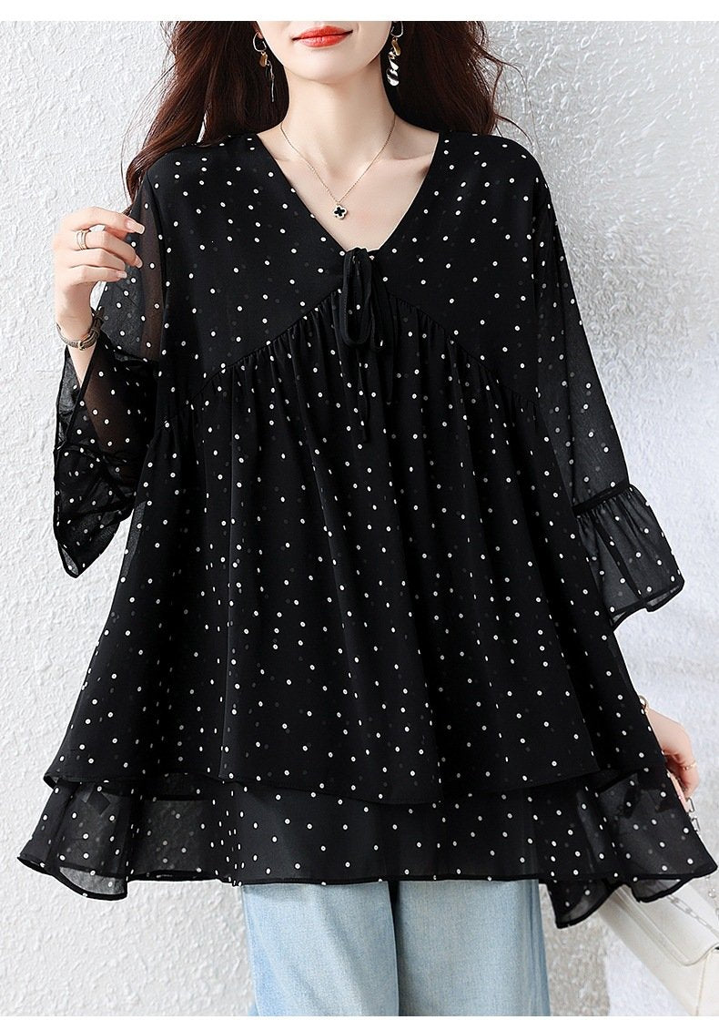 トップス ゆったり 春夏 カジュアル きれいめ 大きいサイズ Vネック 春 夏 上品 切り替えデザイン タイ レギュラー ドット