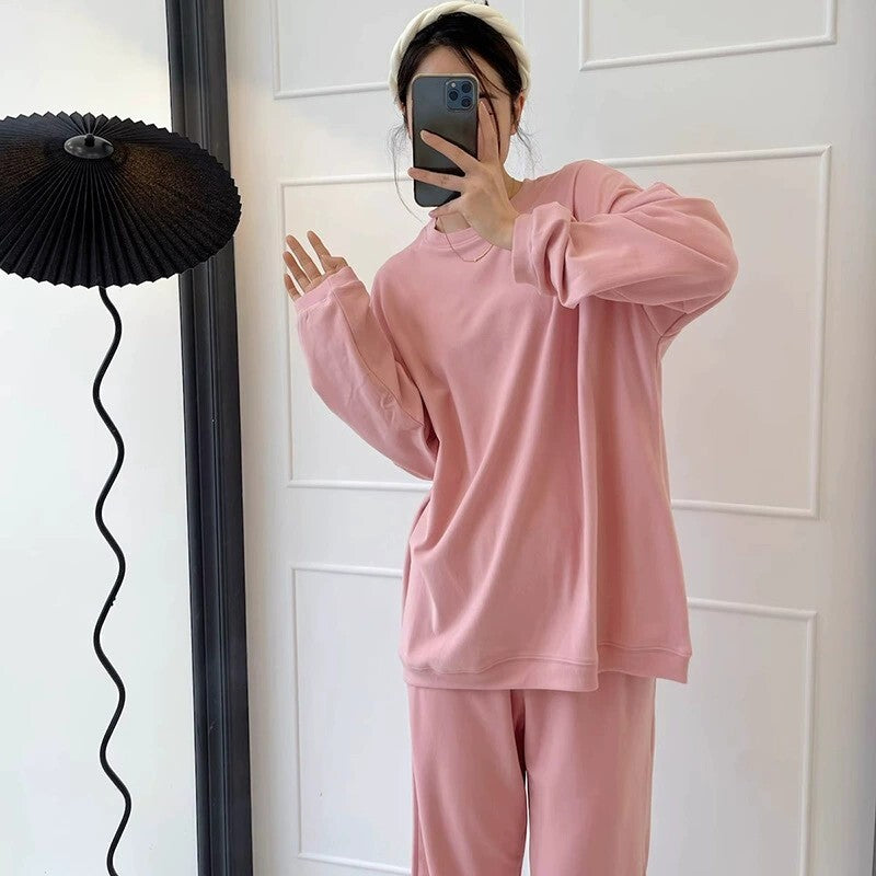 レディース トップス パンツ ボトムス ルームウェア パジャマ プルオーバー 部屋着 セットアップ 2点セット 上下セット 裏起毛 寝巻き ロング ミドル丈 長袖 ドロップショルダー ラウンドネック 襟なし ワイド オーバーサイズ  かわいい シンプル カジュアル ラフ こなれ感 ベーシック 無地 秋 冬 ママ お泊まり リゾート 旅行 休日 ホテル お家時間 楽ちん M L XL 2XL 大きいサイズ ゆったり ブラック ピンク ベーシックカラー