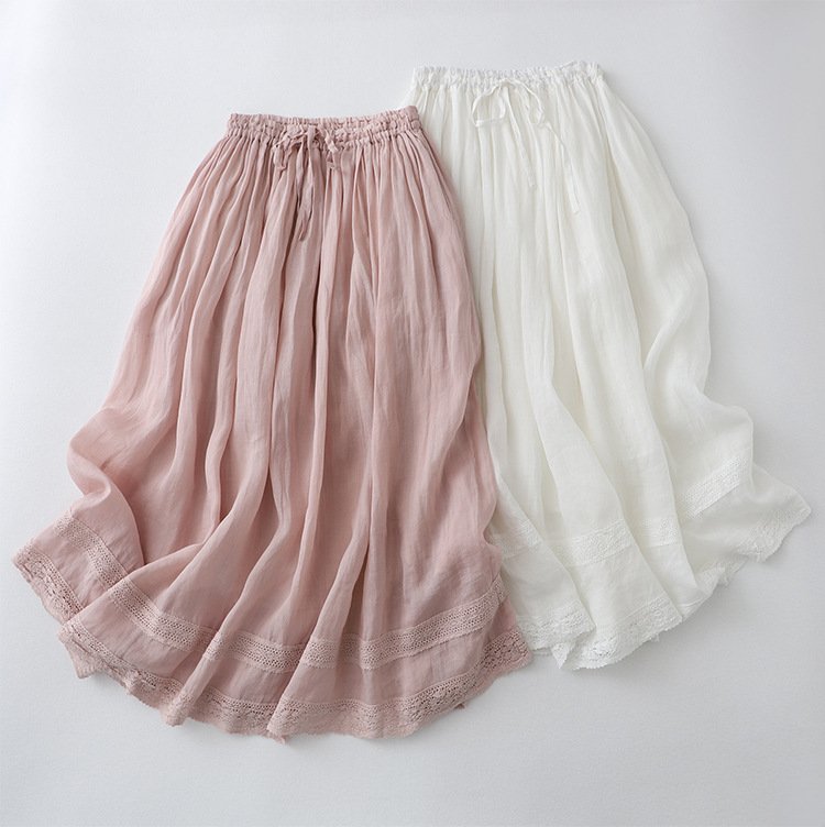 スカート 無地 麻 春夏 レトロ 春 夏 シンプル ミモレ Aライン ポリエステル