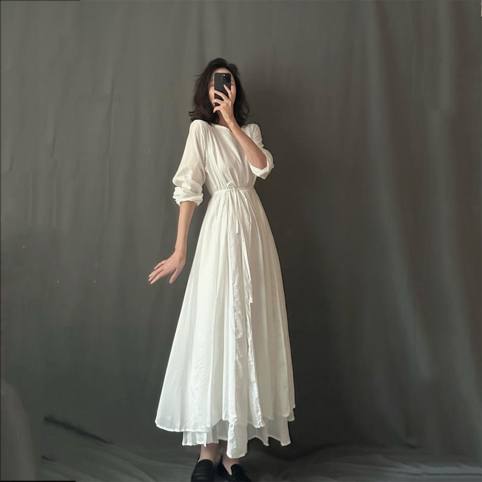 ワンピース 長袖 春夏 カジュアル 体型カバー ミニ 春 夏 ラウンドネック シンプル ロング 薄手 切り替えデザイン