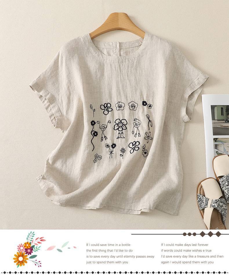 レディース トップス Tシャツ ニット 半袖 コットン 綿 リネン 春夏 カジュアル きれいめ 通勤 大きいサイズ デニム 春 夏 ラウンドネック 刺繍 シャツ