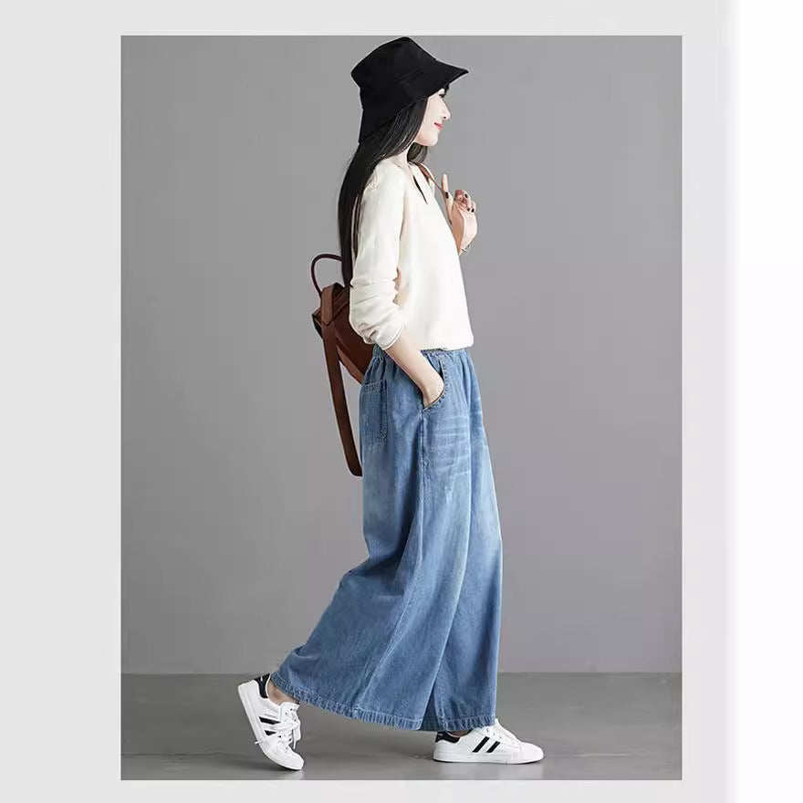 レディース パンツ ゆったり ワイド デニム 春夏 大きいサイズ ボトムス 春 夏 上品 ロング ロングパンツ 9分丈 ビッグ ドレープ ハイウエスト