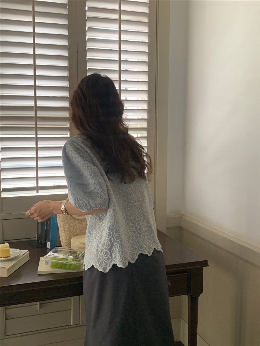 シャツ 半袖 コットン 綿 春夏 前開き 春 夏 ラウンドネック シンプル