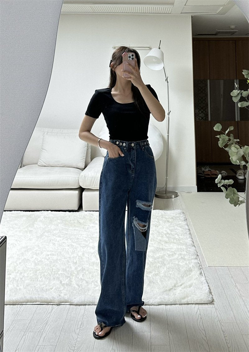 レディース パンツ ワイド コットン 綿 デニム 春夏 きれいめ 通勤 春 夏 ロング ストレート デニムパンツ ハイウエスト ヴィンテージ 都会的 ダメージ ウォッシュ