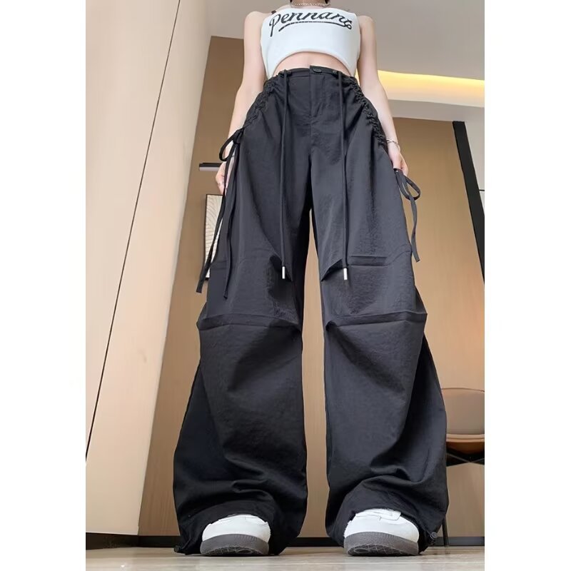 レディース パンツ ワイド カジュアル レトロ ストレート ワークパンツ 切り替えデザイン ストリート ポリエステル