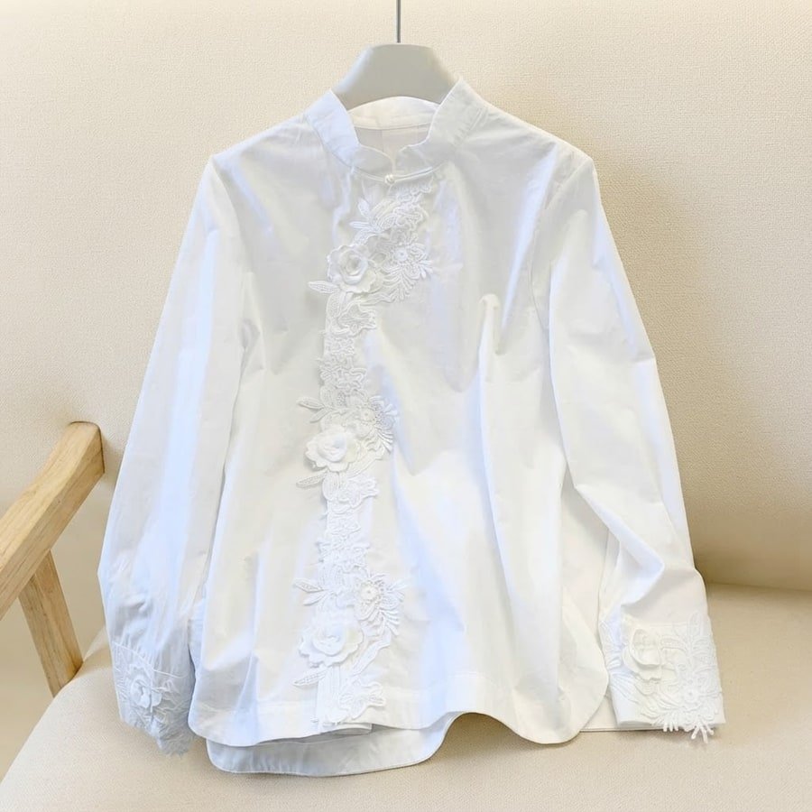 レディース シャツ 長袖 無地 春夏 きれいめ おしゃれ 前開き 春 夏 秋 レース シンプル 刺繍 ハイネック 上品 切り替えデザイン スタンドカラー チャイナ レギュラー ボタン ポリエステル