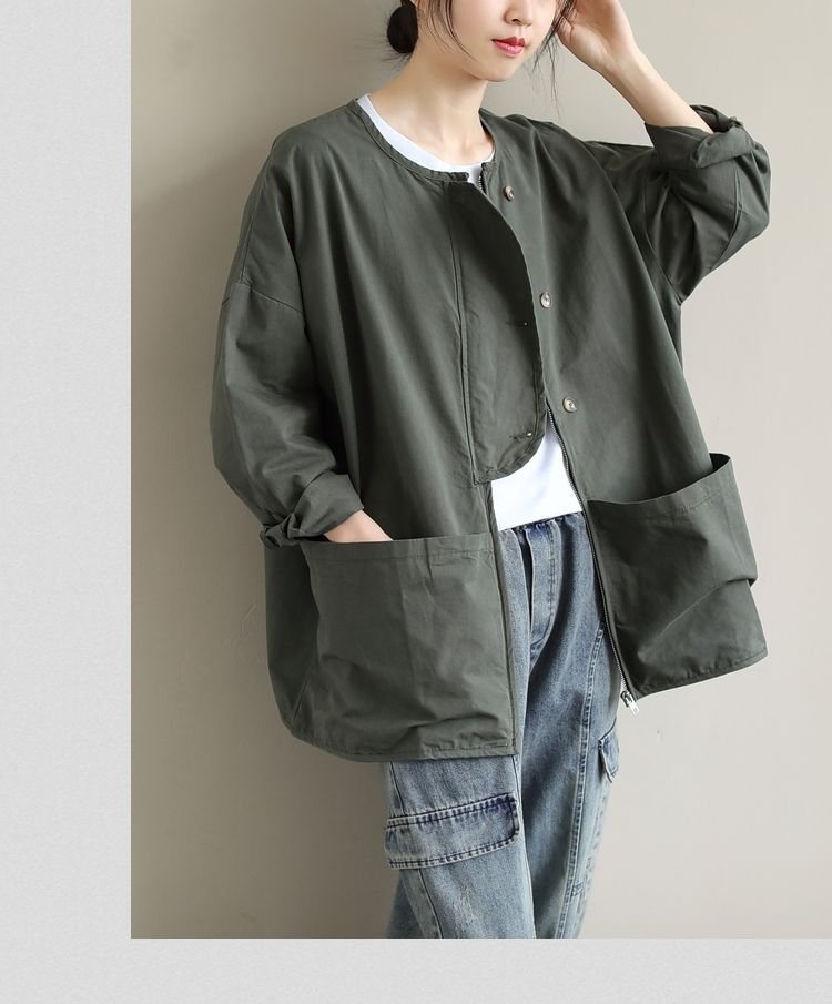 レディース シャツ コート ジャケット 長袖 無地 ゆったり 秋 カジュアル レトロ 体型カバー 大きいサイズ 前開き ラウンドネック シンプル ブラック 上品 ポケット ミリタリー グリーン